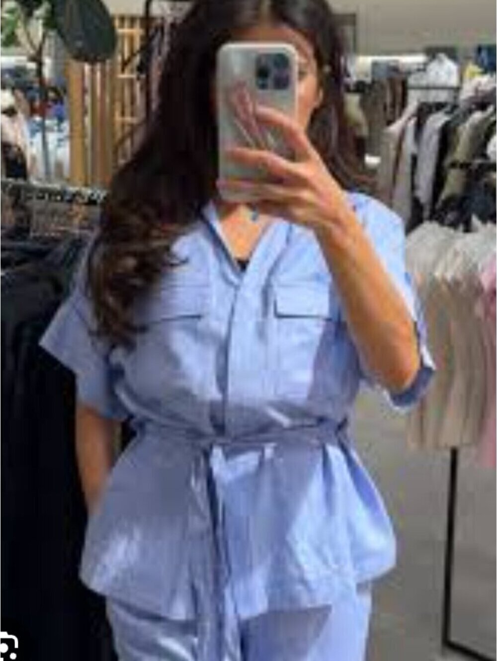 NWT Zara Blue Linen Blend Belted Utility Shirt Top Women’s Small Safari